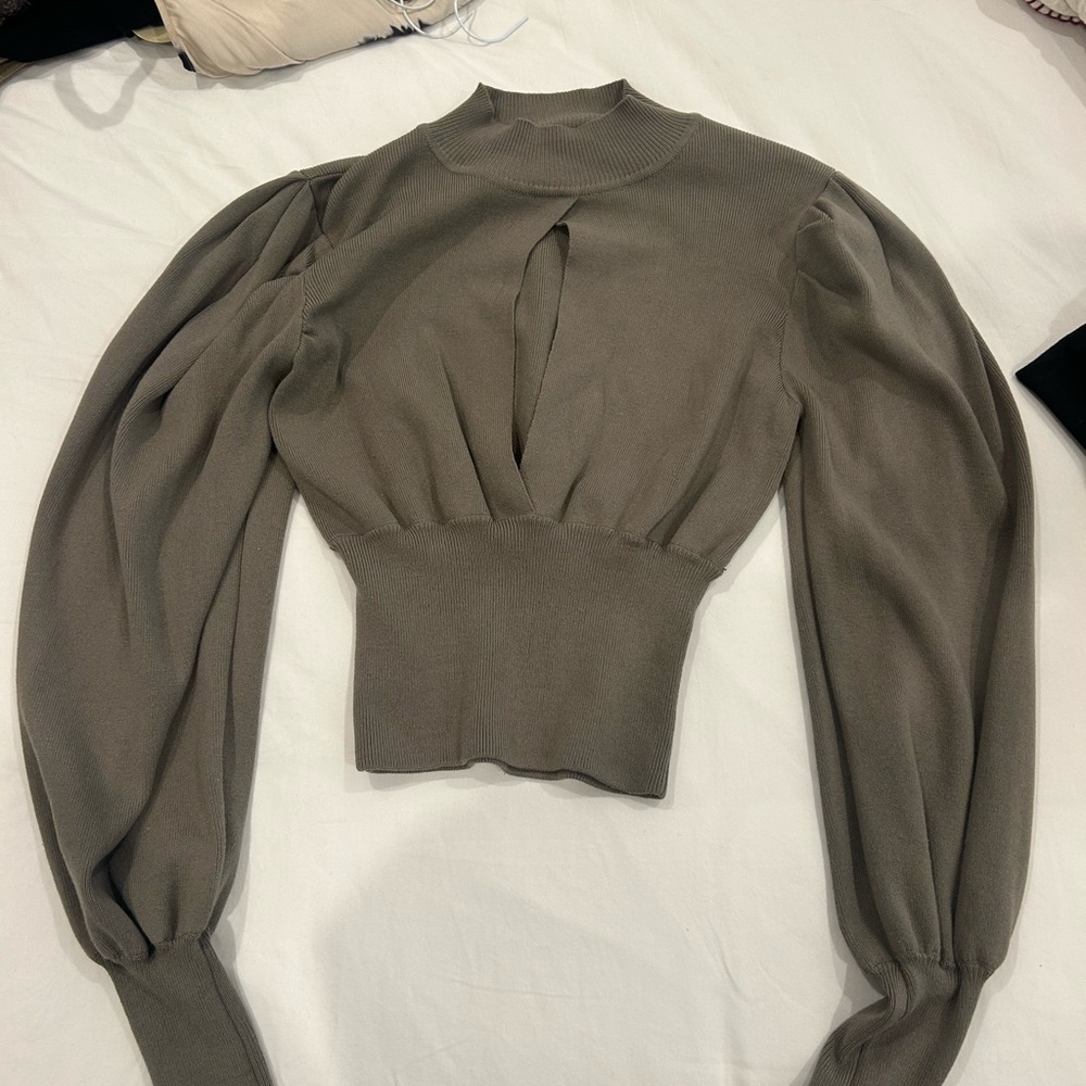 Zara Olive Open Front Long Sleeve Blouse